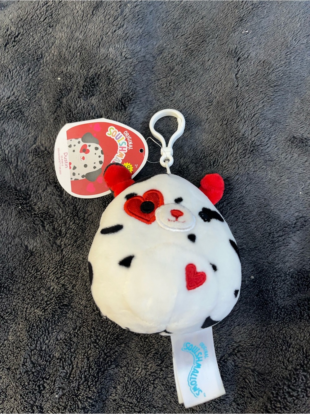 Squishmallows White & Black Dalmatian Clip Plush with Red Heart Accents